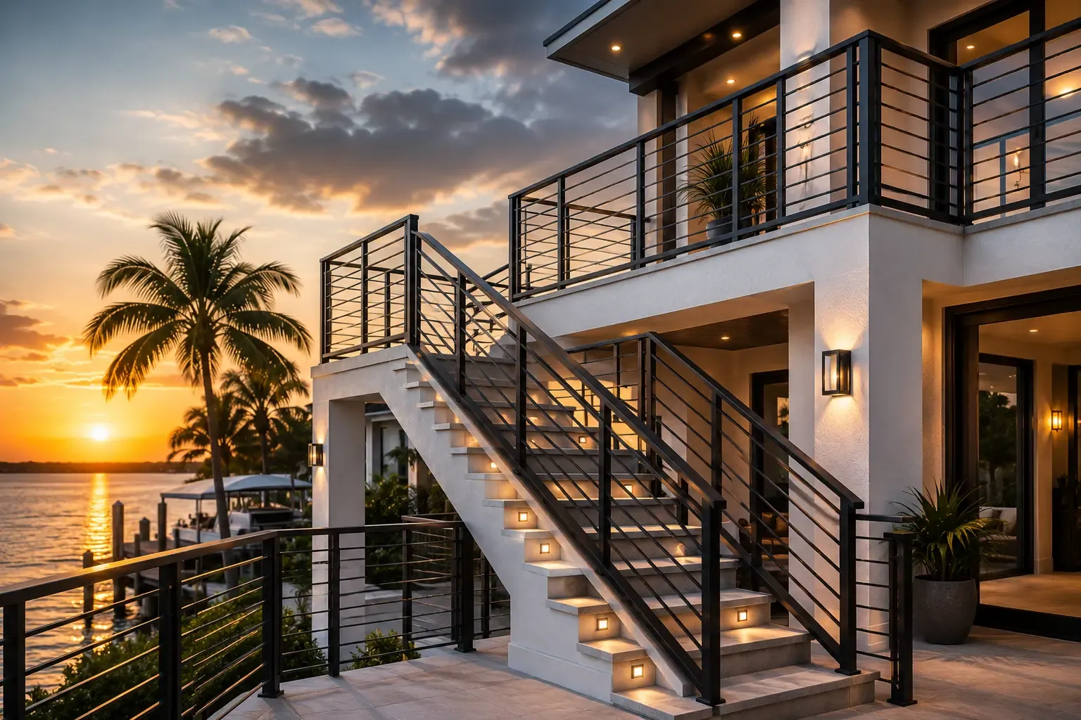 Modern steel stair and balcony railings on a waterfront Florida home